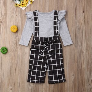 Baby / Toddler Solid Flutter-sleeve Top and Plaid Suspender Pants Set