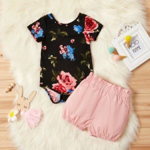 Baby / Toddler Stylish Floral Print Bodysuit and Bowknot Short Set