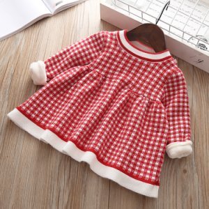 Baby / Toddler Sweet Plaid Knitted Fleece-lining Long-sleeve Dress