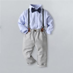 BBaby / Toddler Bow Decor Striped Longsleeves Shirt and Solid Suspender Shorts Set