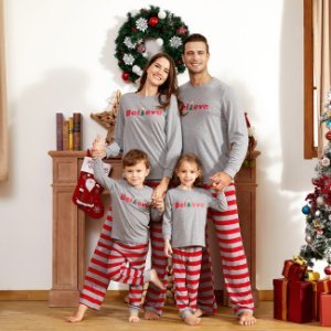 Christmas ' Believe ' Print Long-sleeve Top and Striped Pants Family Matching Pajamas Set