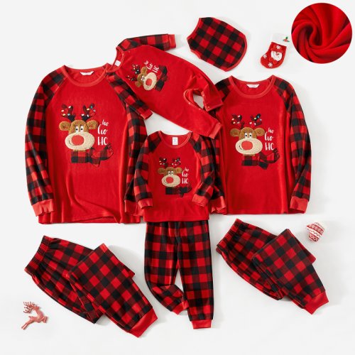 Christmas Family Matching Reindeer Embroidered Red Plaid Raglan-sleeve Pajamas Sets (Flame Resistant)