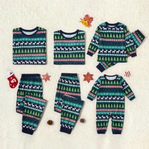 Christmas Tree Reindeer and Heart Patterned Family Matching Pajamas Set