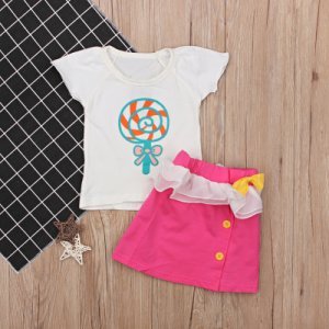 Cute Lollipop Print Tee and Ruffled Skirt Set for Baby and Toddler Girl