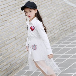 Fashionable Sequined Butterfly Mesh Overlay Long-sleeve Shirt Dress for Girl