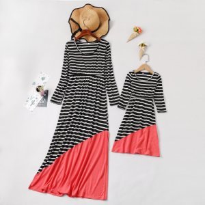 Fashionable Stripe Long Sleeves Dress for Mommy and Me