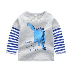 Faux-two Stylish Dinosaur Print Striped Long-sleeve Top
