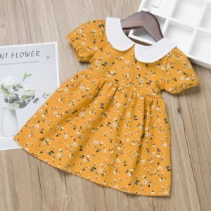 Floral Pattern Lapel Collar Puff Sleeve Baby Girls Dresses