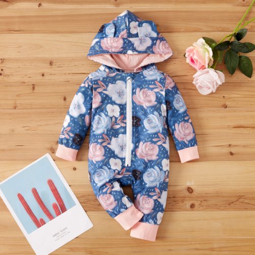 Floral Print Hooded Long-sleeve Blue Baby Jumpsuit