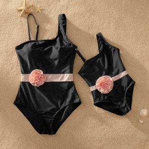 Flower Decor One-shoulder Solid Swimsuits for Mommy and Me