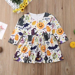 Fun Colorful Halloween Style Printed Long-sleeve Dress for Baby and Toddler Girl