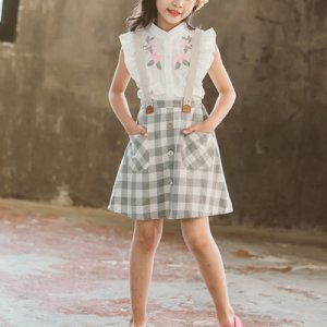 Girl's Summer Floral Embroidered Shirt And Plaid Pocket Tight Dress Set