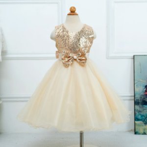 Girl's Wedding Party Pageant Birthday Dress Lovable Bowknot & Sequin Overlay Dress in Champange
