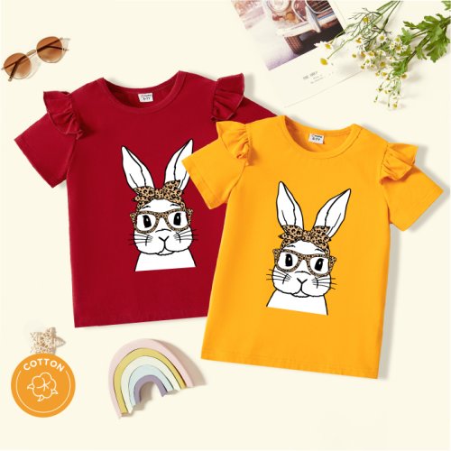 Kid Girl Animal Rabbit Print Ruffled Short-sleeve Cotton Tee