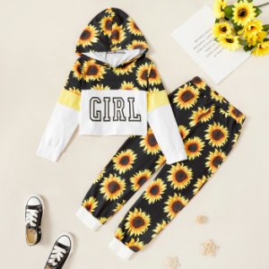 Kids Girl Sunflower Letter Allover Hooded Sweatshirt and Pants Set