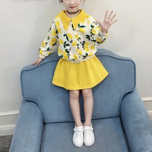 Lemon Print Long-sleeve Top And Skirt Set