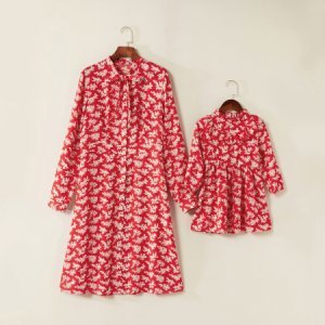 Little Floral Printed Long Sleeve Matching Dresses