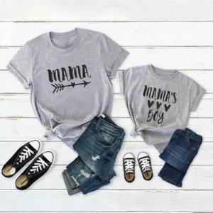 Love Letter Print Grey & White Cotton Short Sleeve T-shirts for Mom and Me