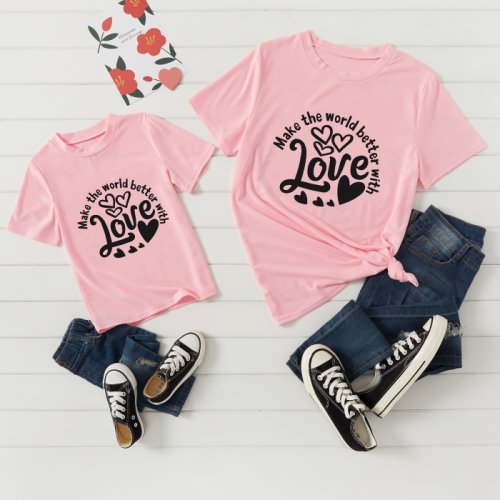 Love Letter Print Pink Short Sleeve T-shirts for Mom and Me