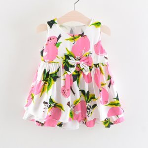 Lovely Fruit Print Bow Decor Ruffled Sleeveless Dress for Baby Girl