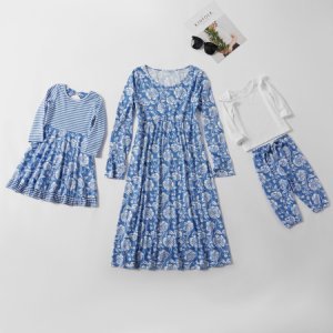 Mosaic Family Matching - Mommy and Me Floral Twirl Dresses Sister Top and Pants Set for Mom Girl Baby