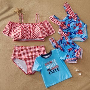 Mosaic Mommy and Me Independence's Day Red White Plaid Family Matching Swimwear Sibling Tee Rompers for Girl-Baby and Boy