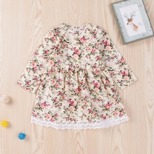 Pretty Floral Lace Trimmed Long-sleeve Dress for Baby and Toddler Girl