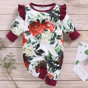 Pretty Floral Print Ruffled Long-sleeve Jumpsuit for Baby Girl