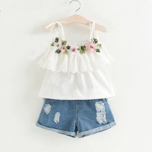 Pretty Flower Decor Ruffled Strap Top and Frayed Denim Shorts Set for Toddler Girl and Girl