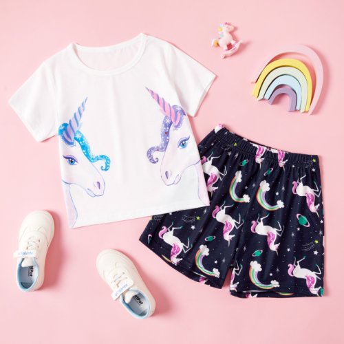 Pretty Kid Girl 2-piece Short-sleeve Unicorn Rainbow Print Shorts Suits