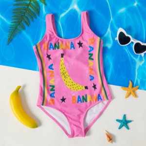 Pretty Kid Girl Rainbow Color Letters & Banana Print Swimsuit