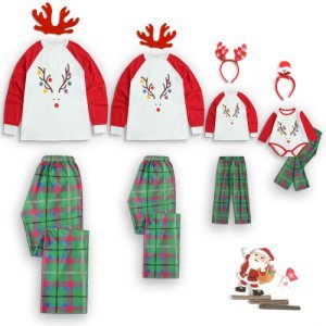 Reindeer Print Long-sleeve Top and Green Plaid Pants Lounge Set for Family Matching