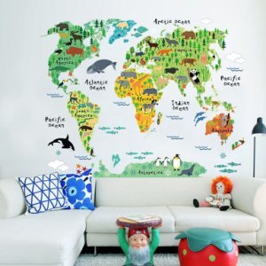 Removable Animal Print World Map Wall Sticker