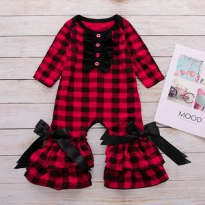 Ruffled Design Bow Decor Plaid Jumpsuit for Baby Girl