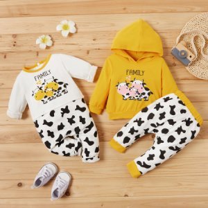 Sister and Brother Matching Set: Baby Cow Print Top and Striped Pants or Jumpsuit