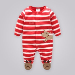 Snappy Reindeer Embroidered Antler Applique Striped Footed Jumpsuit
