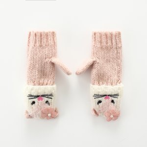 Soft Embroidered Cat Flower Detail Mittens for Toddler and Kid