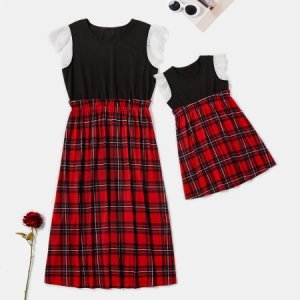 Solid Stitching Plaid Fitted Matching Dresses