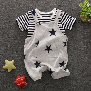 Star and Stripe Printed Cotton Shirt and Overalls Set in Grey for Baby