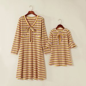 Striped Bow-knot Matching Dresses