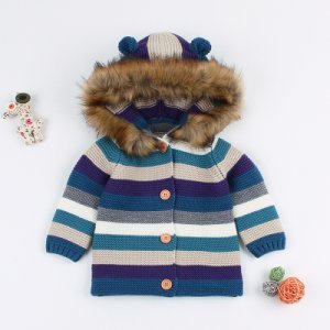 Stylish Color Blocked Long-sleeve Knitted Hooded Coat for Baby
