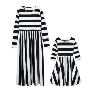 Stylish Color-blocking Striped Long-sleeve Dress for Mom and Me