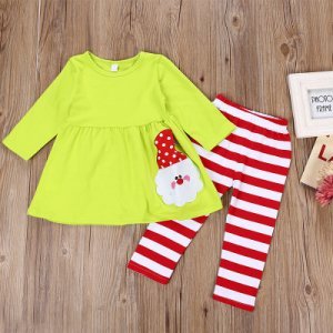 Stylish Santa Appliqued Long-sleeve Top and Striped Pants Set for Toddler Girl and Girl