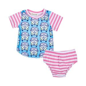 Stylish Striped Bus Print Short-sleeve T-shirt and Bottom Set in Pink for Baby Girl