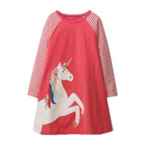 Stylish Striped Unicorn Applique Long-sleeve Dress for Baby and Toddler Girl