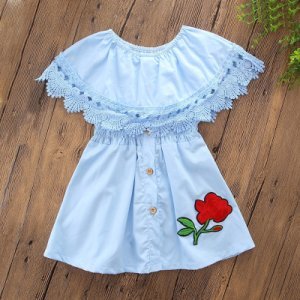 Sweet Blue Flower Embroidered Short Sleeves Dress for Baby and Toddler Girl