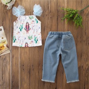Toddler / Girl Alpacal Print Tulle Decor Top and Jeans Set