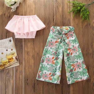 Toddler / Girl Ruffled Off-shoulder Crop Top and Floral Pants Set