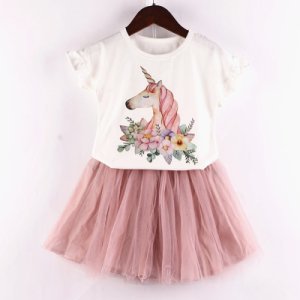 Toddler Girl's Unicorn Pattern Ruffled Tee and Tulle Skirt