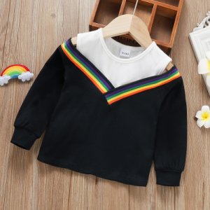 Toddler Girl Striped Rainbow Cold Shoulder Stitching Pullover Sweatshirt